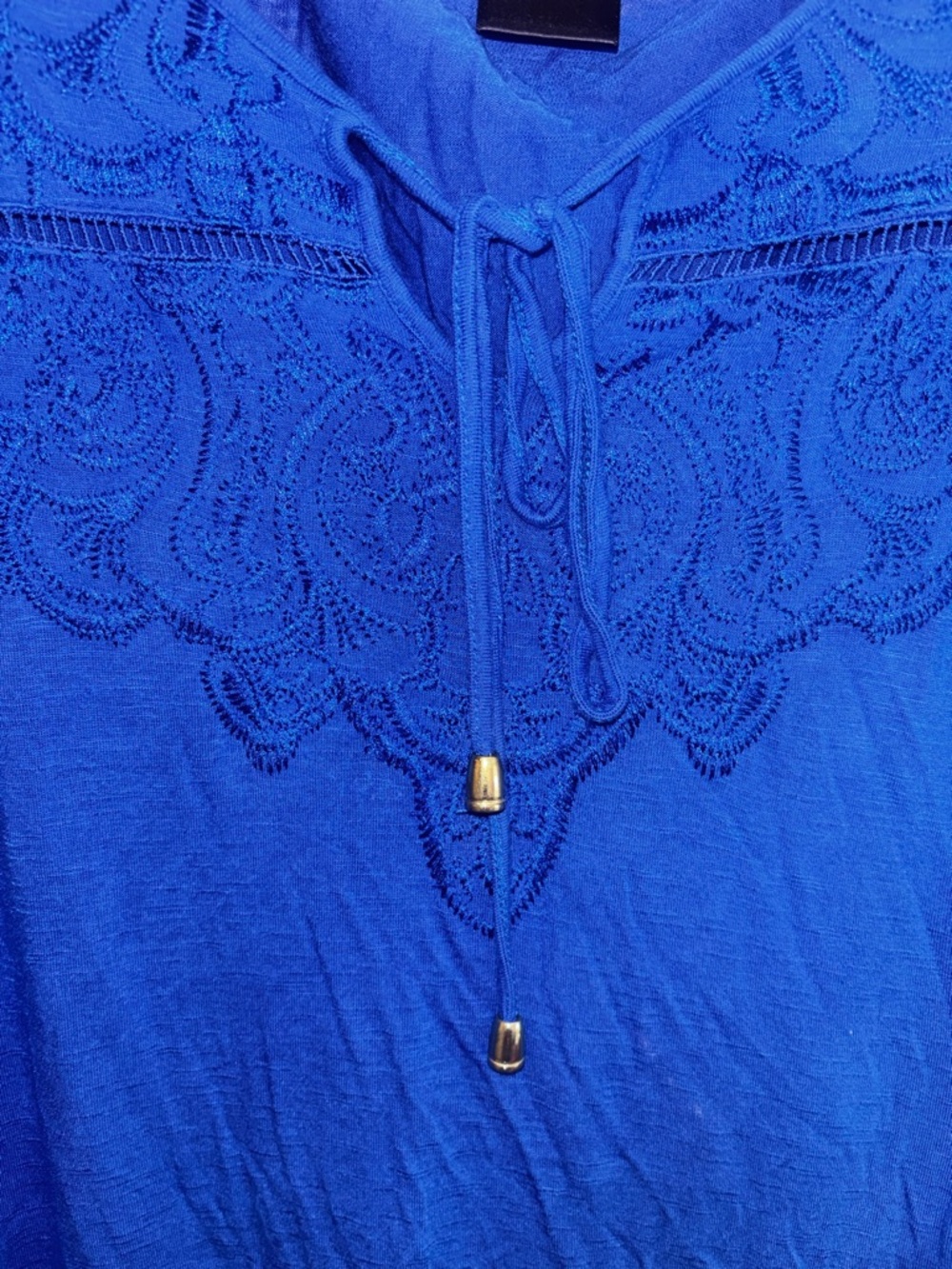 Source Unknown Royal Blue Embroidered Tie-Neck Blouse